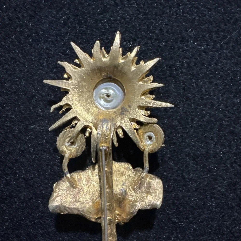 Rare Vintage Frederick Mosell Flower Brooch Large Gold Tone Signed Faux Pearls